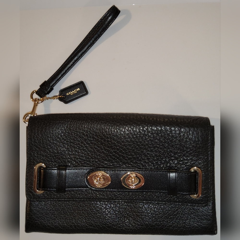 Coach Black Leather Wristlet with Gold Accents